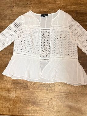 Suzanne Betro White Eyelet Crochet Peplum Blouse